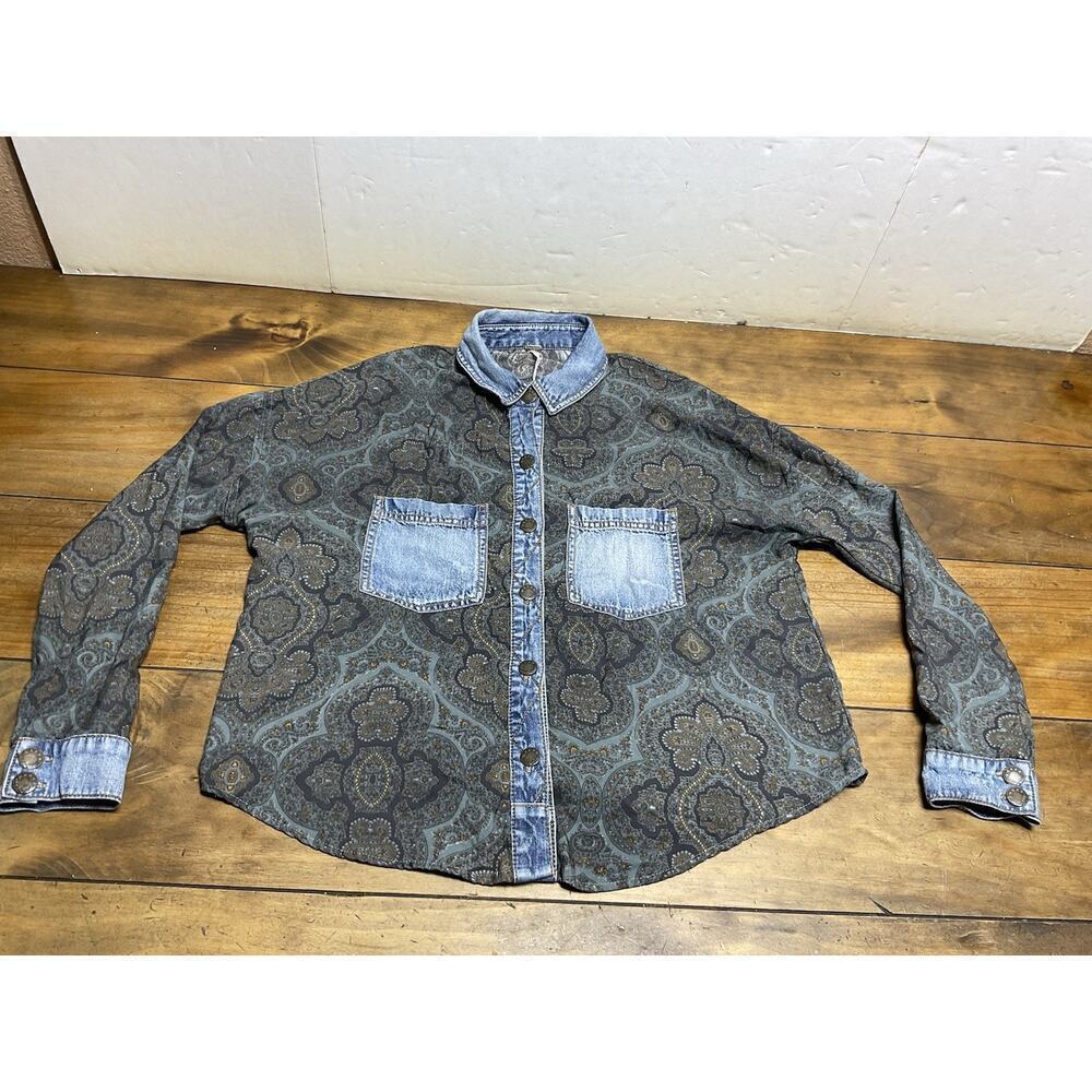 Free People Denim Paisley Button Down Shirt Size XS Boho